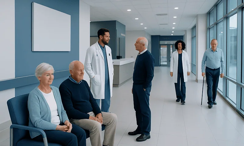 Medical consultation with elderly patients at Acibadem Hospital.