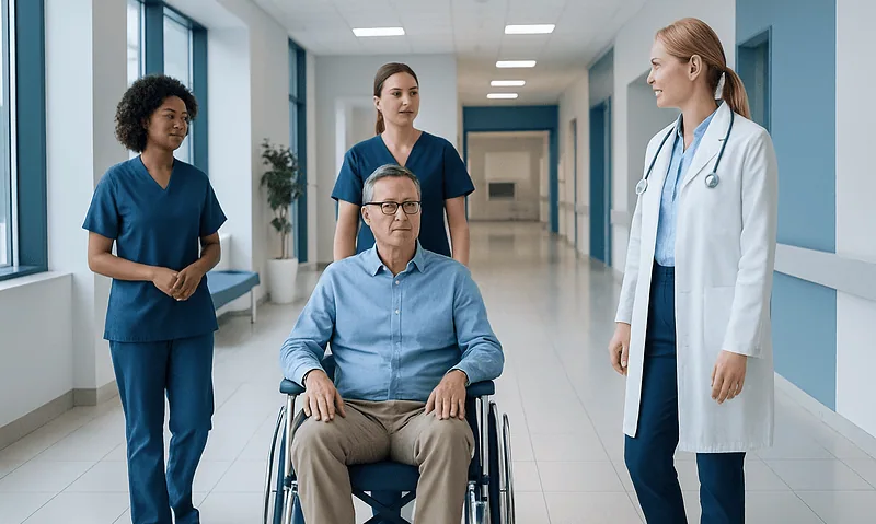 Medical team caring for a patient in a hospital corridor.