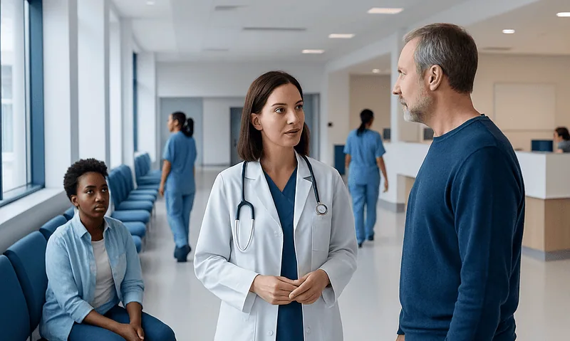 Doctor consulting with patient in hospital corridor with staff in background.