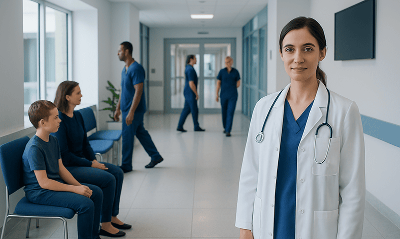 Healthcare professionals and patients in a modern hospital corridor.