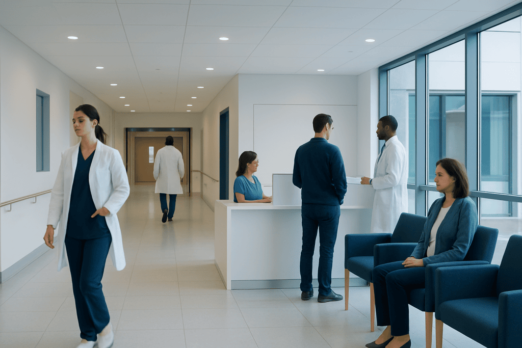 What NAMI Does: Support, Education, and When to Use Community Mental Health Services 1 Modern hospital corridor with medical staff and patients in a healthcare setting.