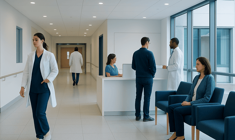 Modern hospital corridor with medical staff and patients in a healthcare setting.
