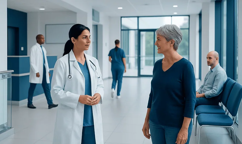 Nanomedicine in Cancer Care: What It Is and What Is Still Experimental 11 Healthcare professionals and patient in a modern hospital corridor.
