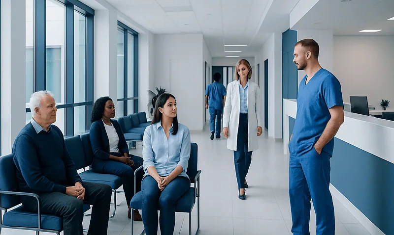 Patients and healthcare professionals in a hospital waiting area.