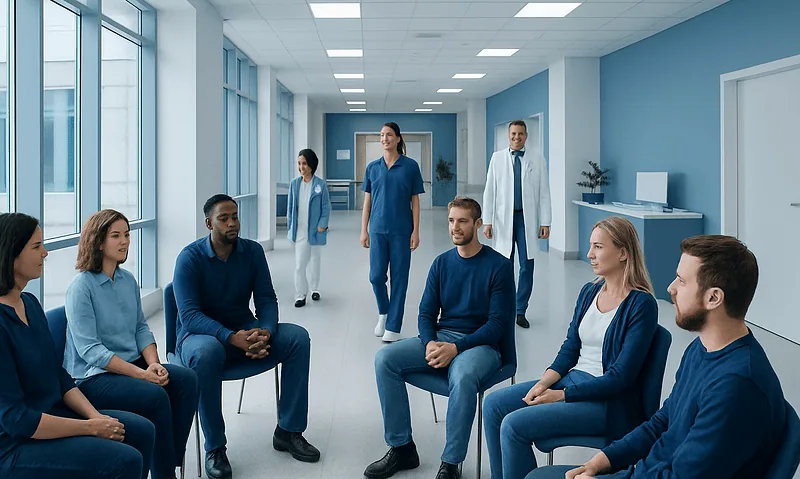 Healthcare professionals and patients in a hospital corridor during a support group session.