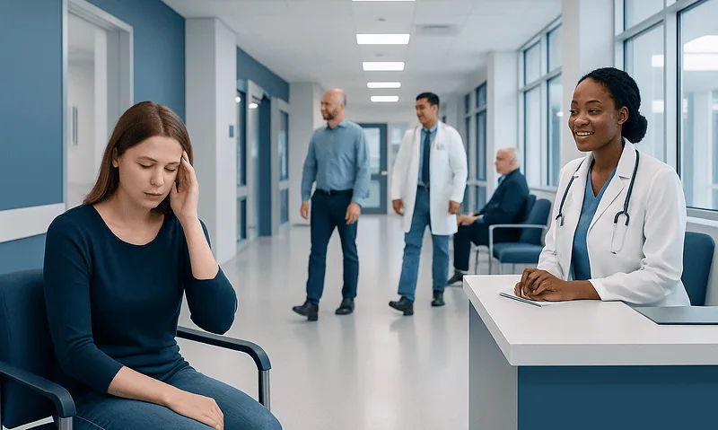 Patient experiencing headache in a hospital corridor with medical staff nearby.