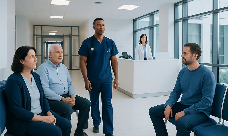 Medical consultation with healthcare professionals in a hospital setting.