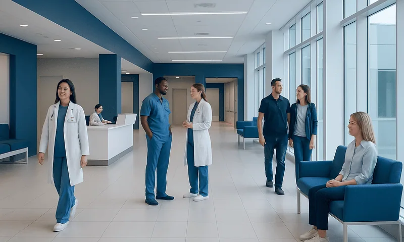 Modern hospital lobby with medical staff and patients in a bright, spacious setting.