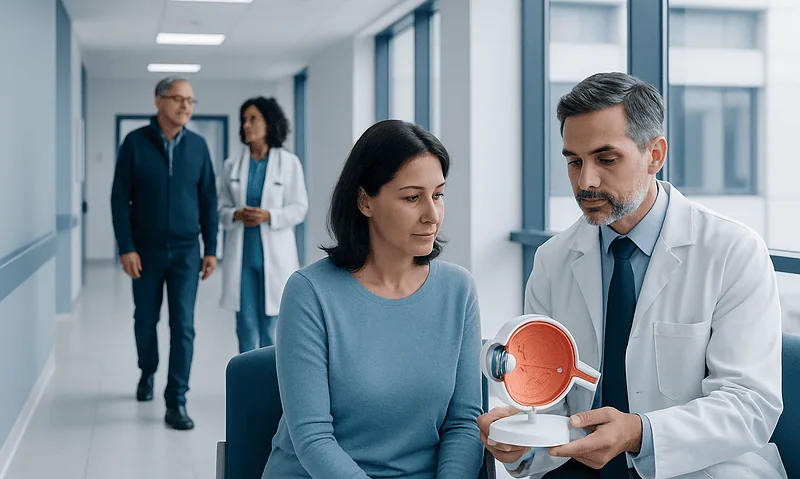 Neuro-ophthalmologist explains eye anatomy to patient in hospital corridor.
