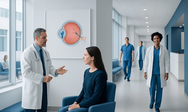 Ophthalmologist consulting patient in a modern hospital corridor.