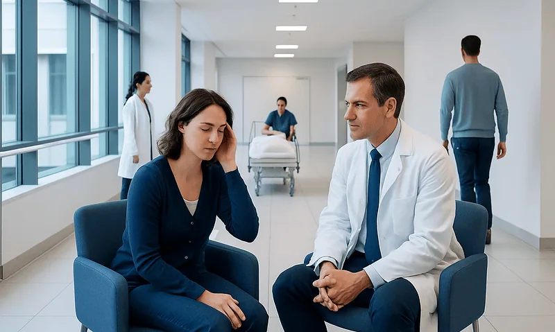 Doctor consulting patient in a hospital corridor with medical staff in background.