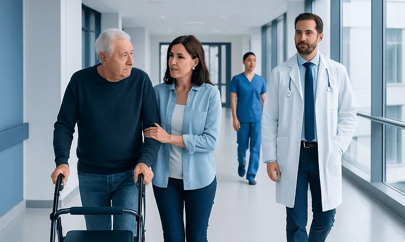 Elderly patient with walker walking with caregiver and doctor in hospital corridor.