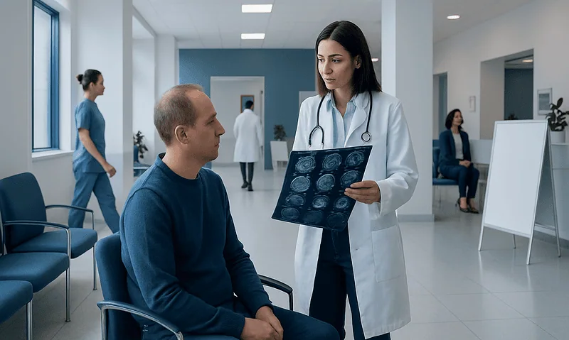 Doctor explaining brain scan results to patient in hospital corridor.