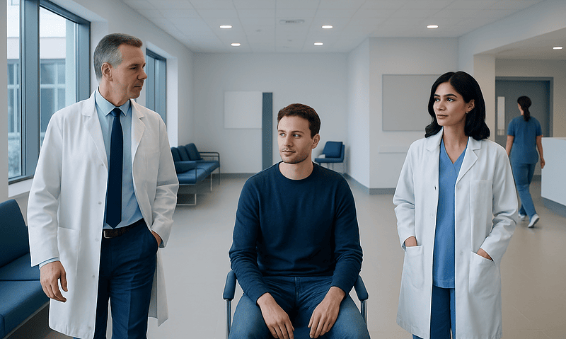 Doctor and nurse consulting with patient in hospital corridor.