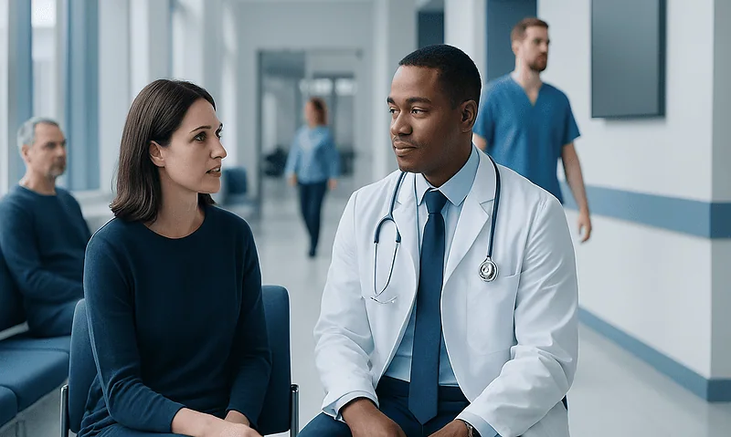Doctor consulting patient in hospital corridor for neuroinfectious disease testing.