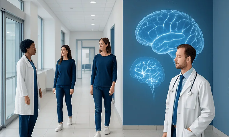 Medical professionals and patients in a hospital corridor with brain images on the wall.