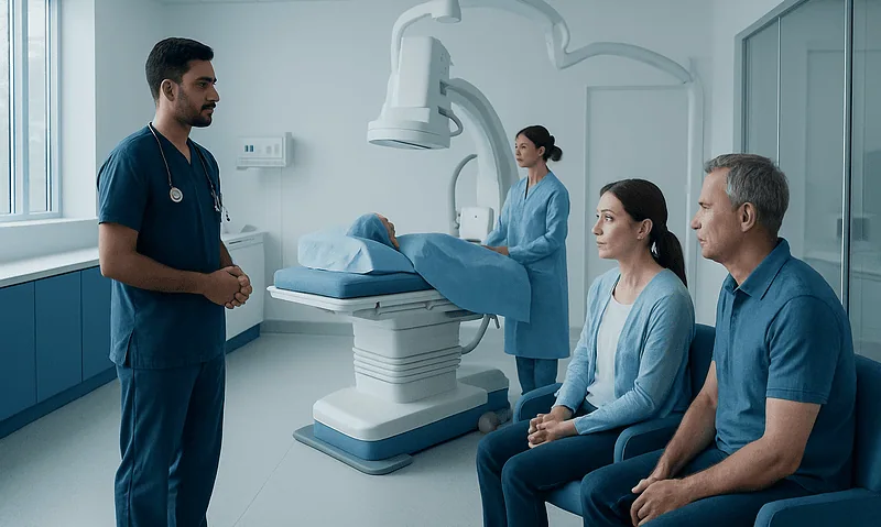 Medical team preparing patient for neurointervention procedure at hospital.