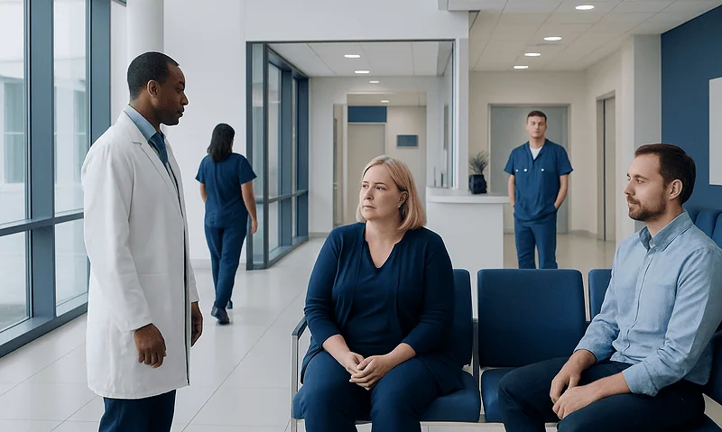 Medical consultation in a modern hospital corridor with healthcare professionals and patients.