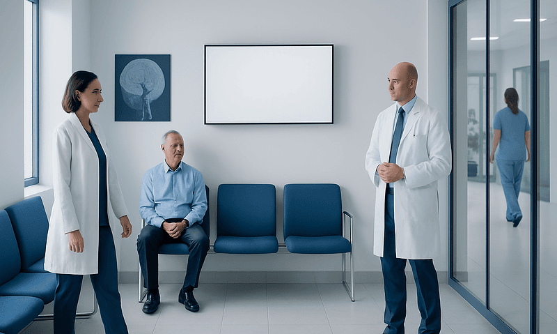 Medical team discussing patient care in a hospital corridor.