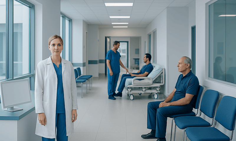 Medical professionals and patients in a hospital corridor.