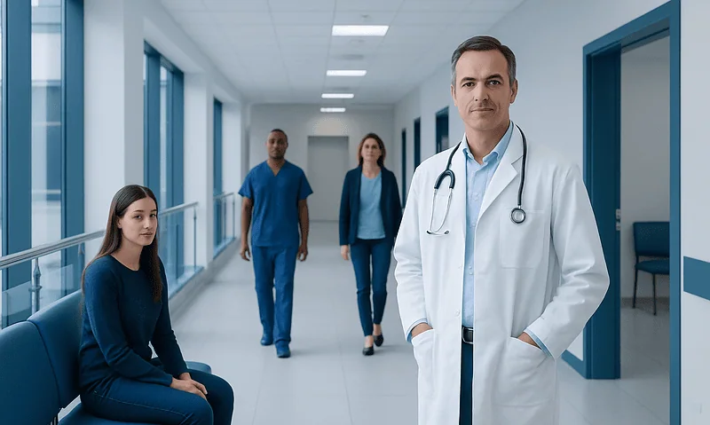 Medical team in hospital corridor with doctor and patients.