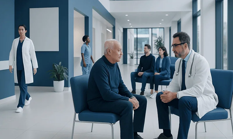 Doctor consulting with elderly patient in hospital corridor.