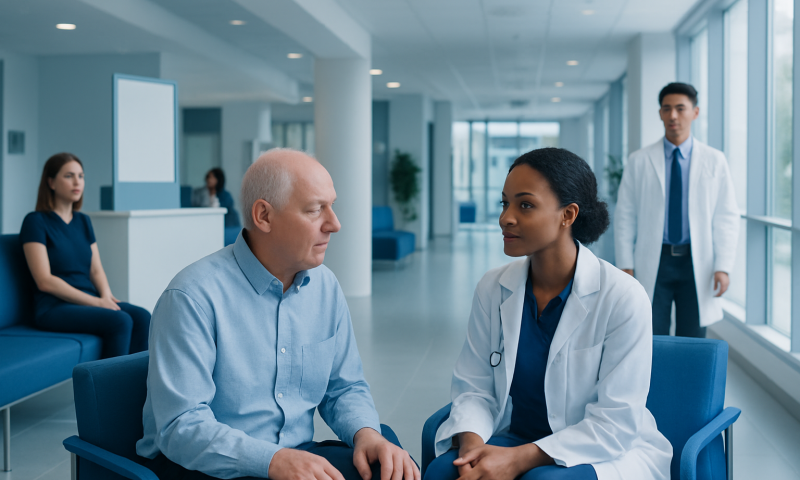 Doctor consulting with a patient in a modern hospital corridor.