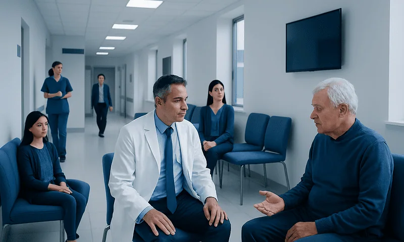Doctor consulting with elderly patient in hospital corridor with medical staff nearby.