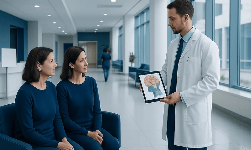Doctor explaining brain treatment options to two female patients in hospital corridor.