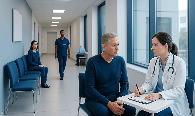 Doctor consulting with patient in a modern hospital corridor.