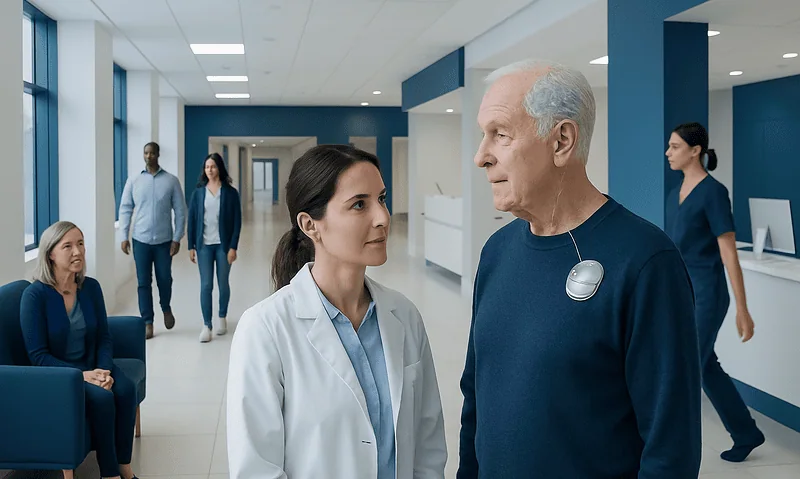 Health Library 12 Doctor consulting with elderly patient in hospital corridor.