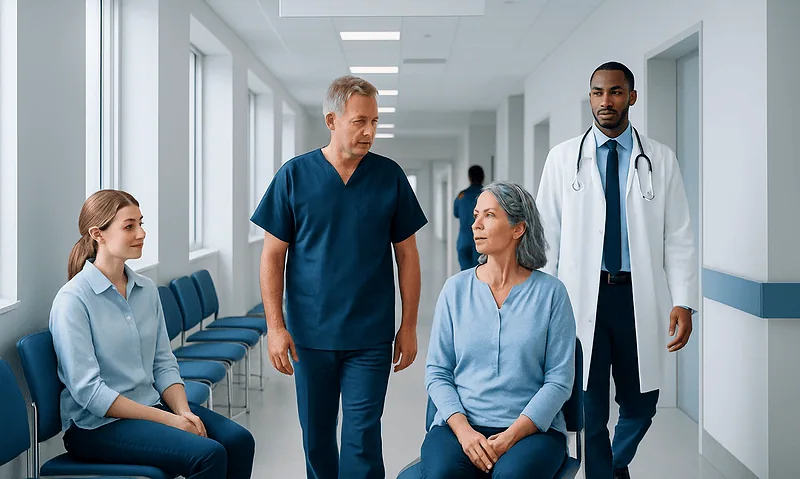 Medical team consulting with a patient in a hospital corridor.