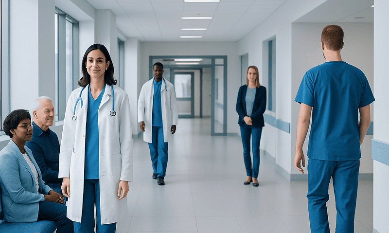 Medical team in hospital corridor discussing patient care.
