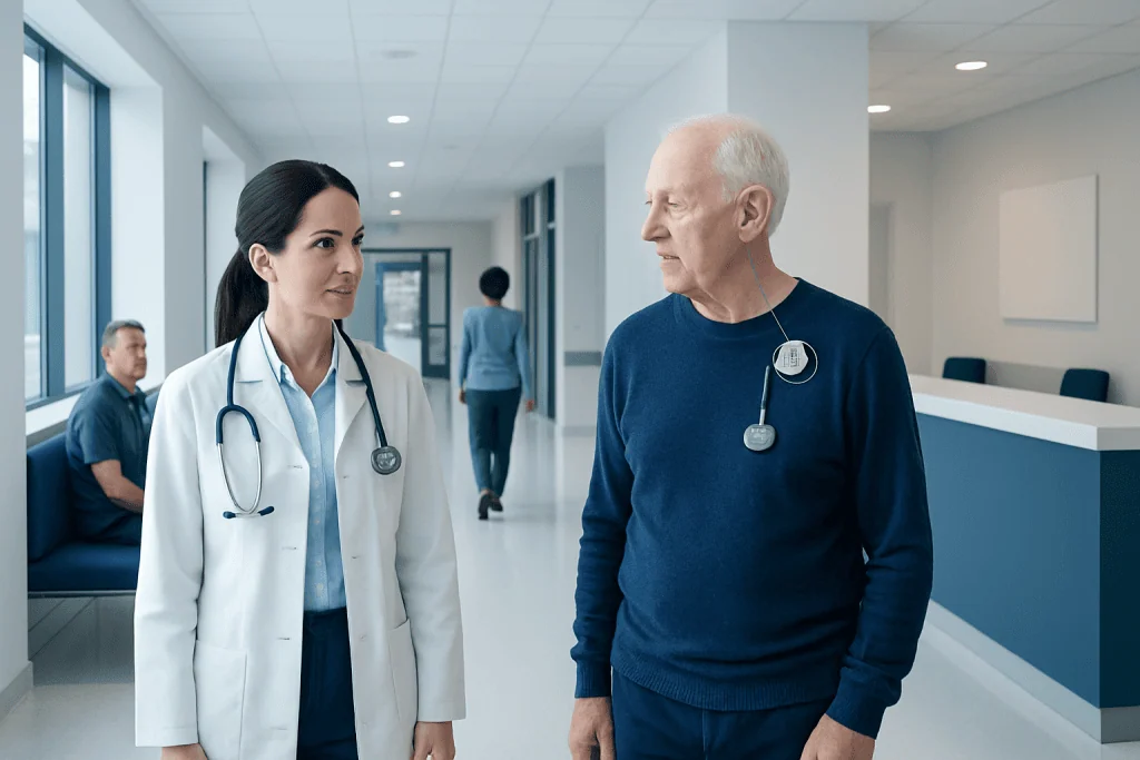 Neuromodulation for Movement Disorders: Who May Benefit When Medicines Fall Short 1 Doctor and patient having a conversation in a hospital corridor.