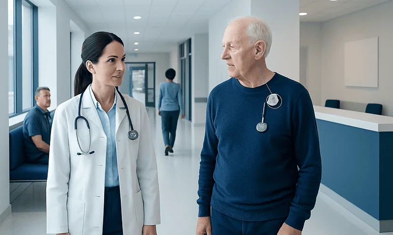 Doctor and patient having a conversation in a hospital corridor.