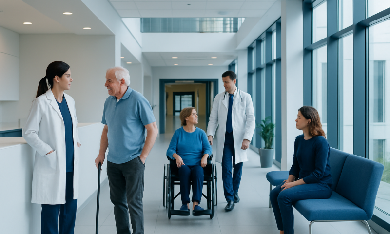 Medical team consulting with elderly patient in hospital corridor.