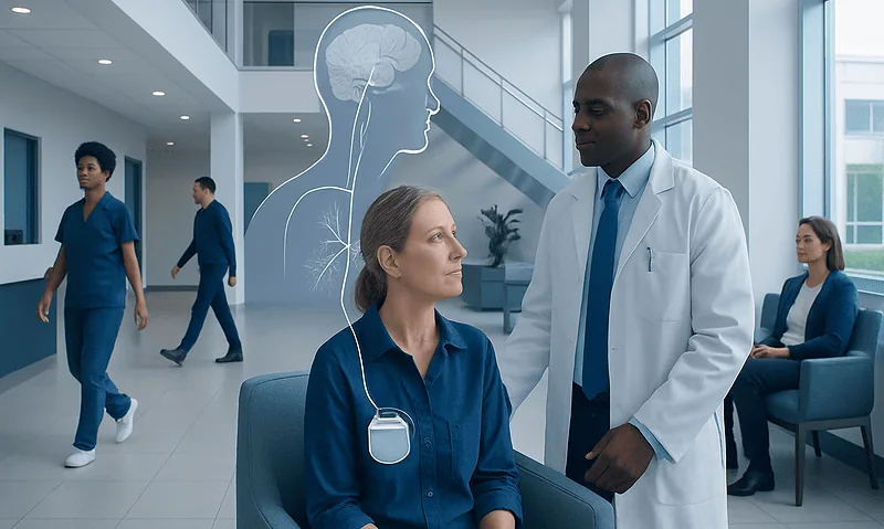 Doctor explains neuromodulation to patient in hospital lobby.
