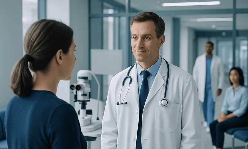 Doctor consulting a patient in a modern hospital setting.