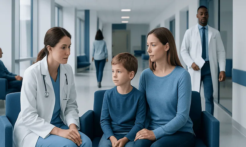 Child consulting with doctors in a hospital waiting area.