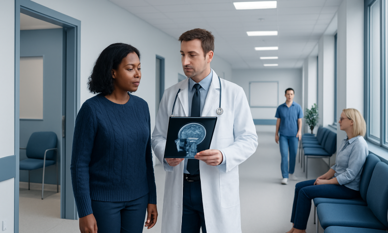 Doctor explaining brain scan to patient in hospital corridor.