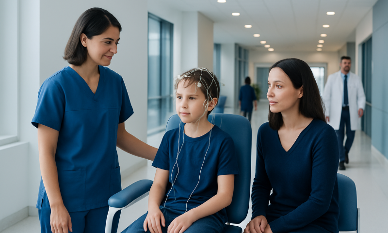 Child undergoing neurophysiology test in a hospital corridor with medical staff.
