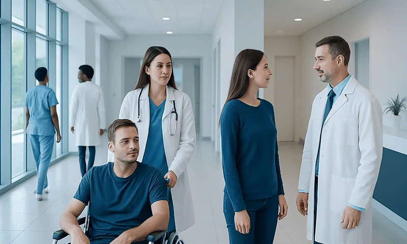 Medical team consulting with a patient in a hospital corridor.