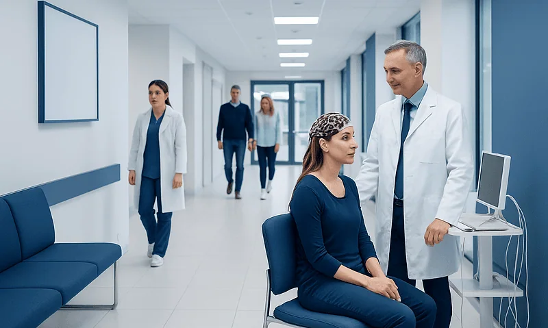 Doctor consulting a patient in a hospital corridor with medical staff in the background.