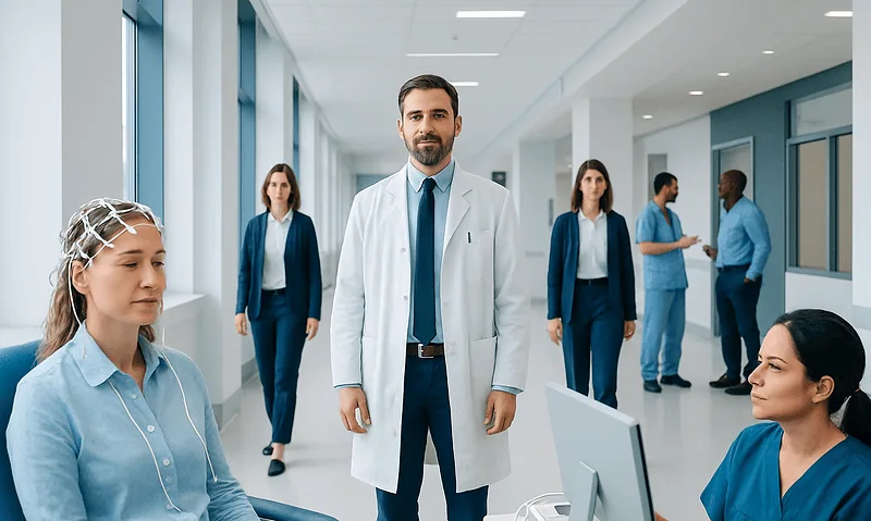 Medical team in hospital corridor with doctor and nurses.