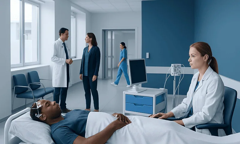Medical professionals and patient in a hospital room for neurophysiology testing.