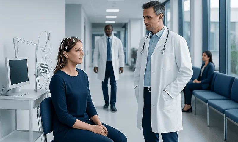 Doctor consulting a patient in a hospital corridor with medical staff nearby.