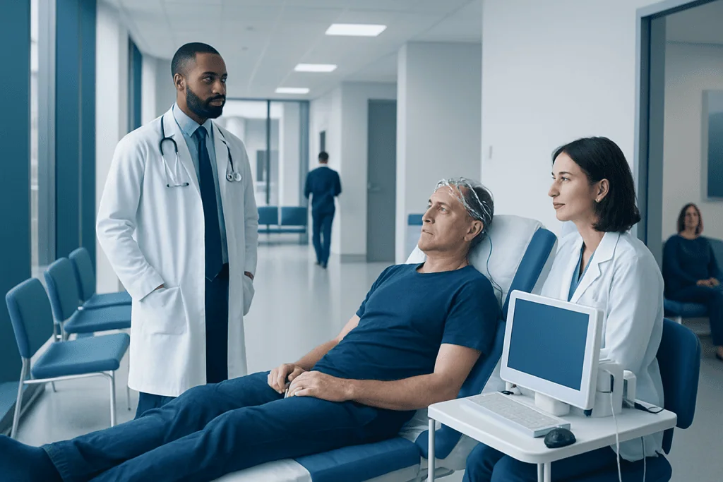 Common Myths About Neurophysiology Testing: Pain, Radiation, and Accuracy 1 Doctor and nurse with patient in hospital corridor during neurophysiology testing.
