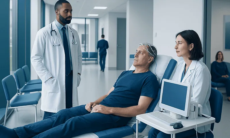 Doctor and nurse with patient in hospital corridor during neurophysiology testing.