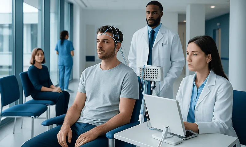 Patient undergoing neurophysiology testing with EEG and EMG at Acibadem Hospital.
