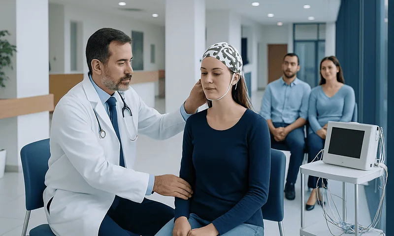 Doctor examining a young woman during a neurological test at a hospital.